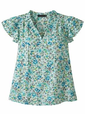 Vineyard Vines Aqua Floral V-Neck Flutter Sleeve Blouse Silk blend Cottage XXS